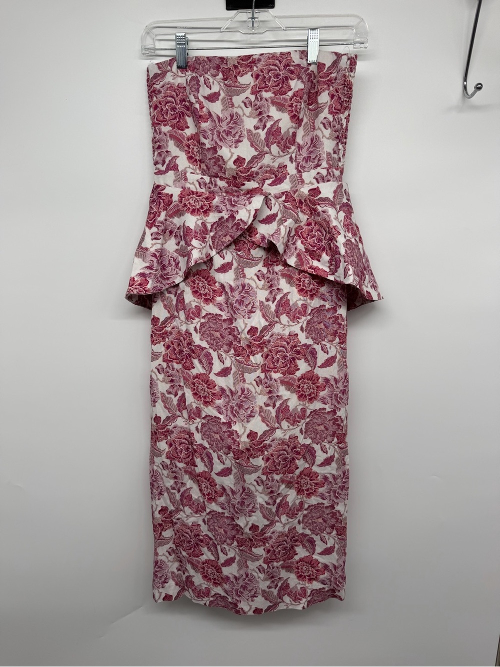 Hyacinth House Floral Strapless Peplum Midi Dress XS Pink Ivory - Picture 2 of 8